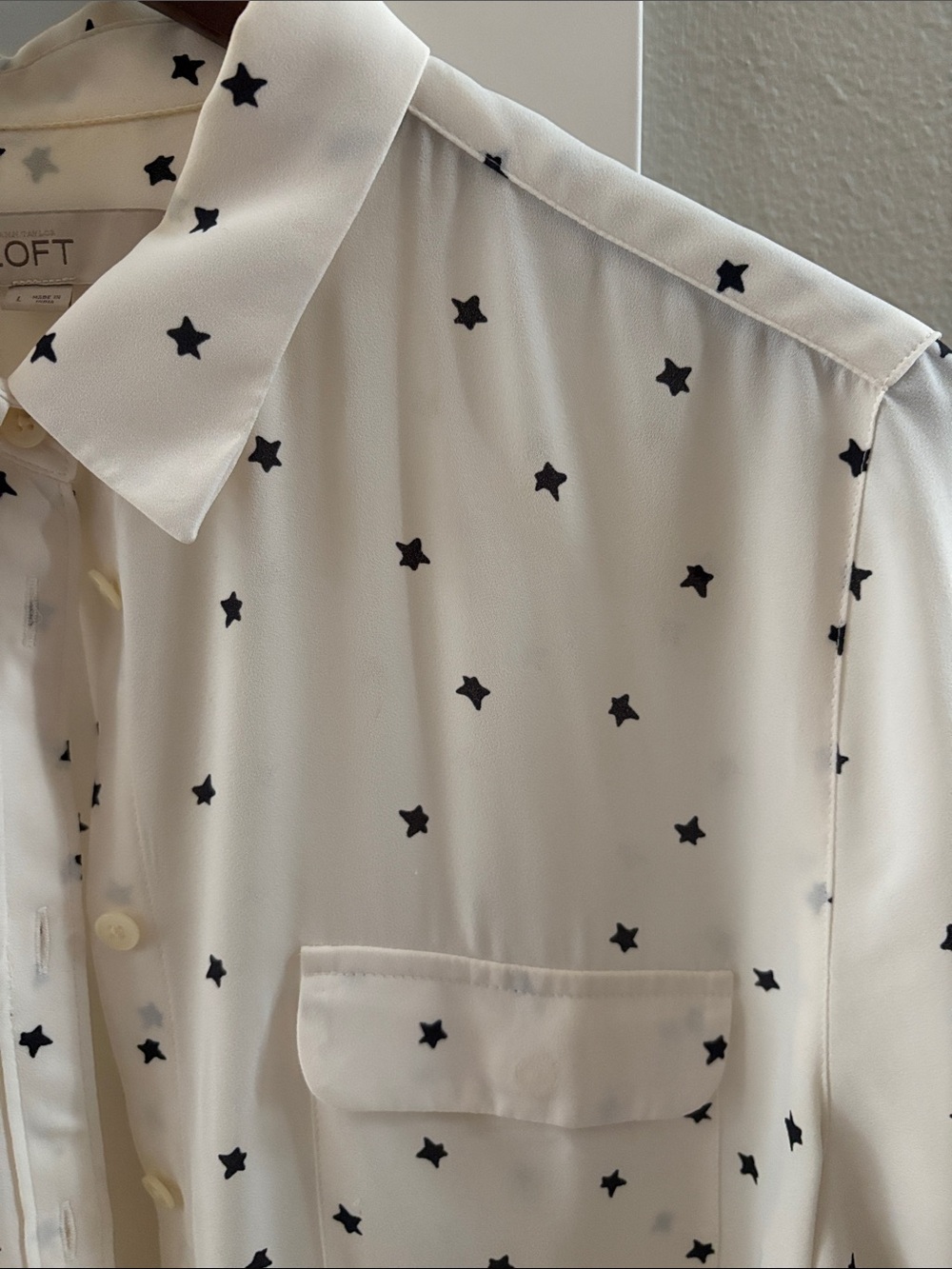 LOFT Cream Button-Down Shirt with Black Star Print